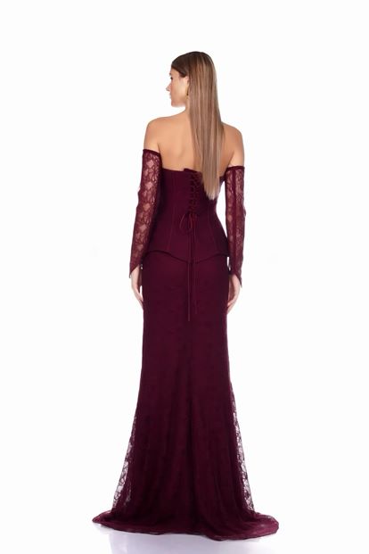 Bordo Peplum Detaylı  Dantelli Abiye  Elbise